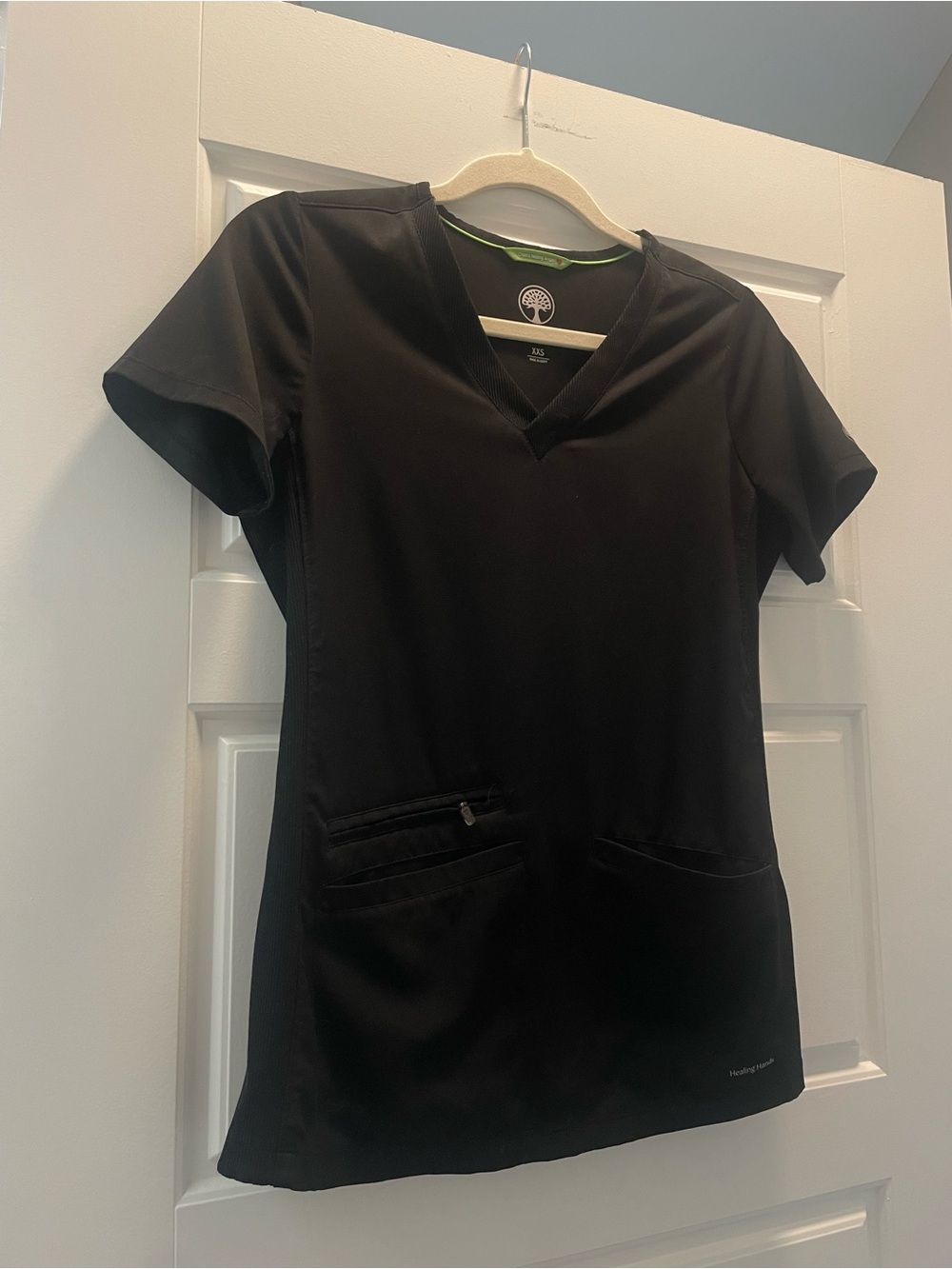 healing hands Black V-Neck Short Sleeve Scrub Top